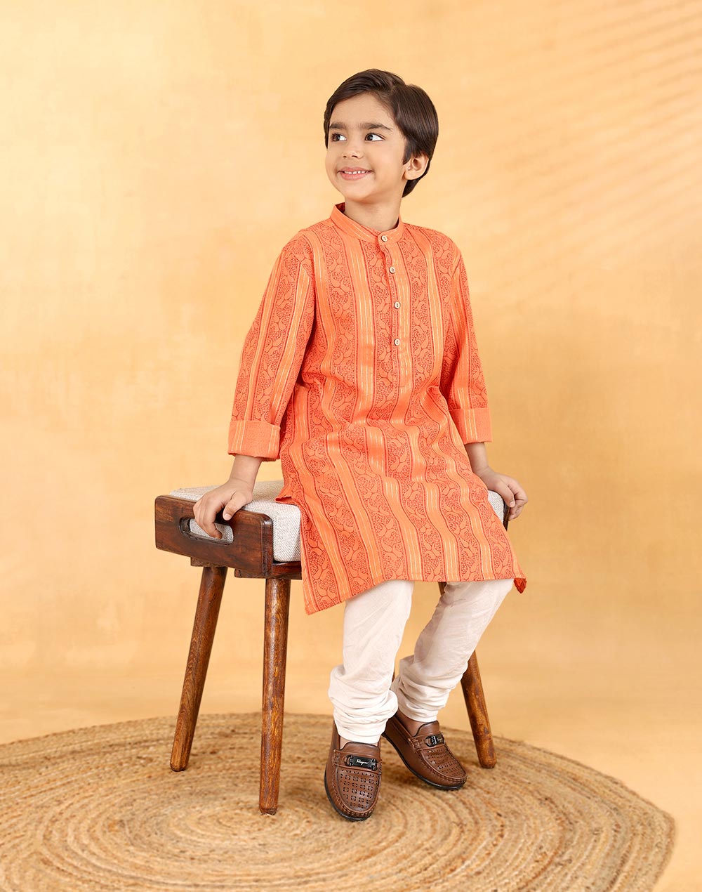 Orange Cotton Blend Hand Block Printed Long Kurta