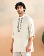 White Madhubani Stripe Short Kurta with Chinese collar