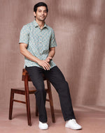 Teal Cotton Hand Block Printed Bush Shirt