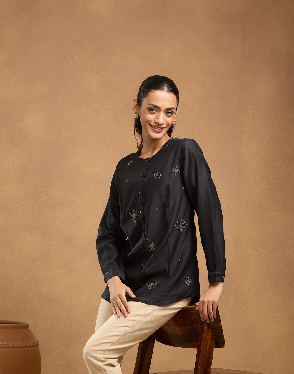 Black Cotton Silk Hand Embroidered Tunic