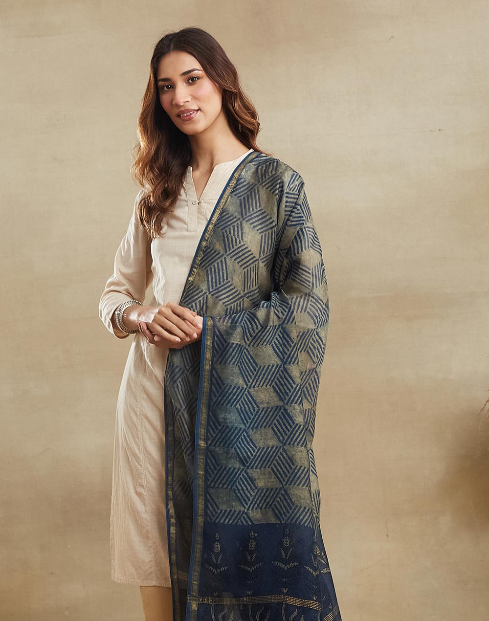 Indigo Cotton Silk Blend Hand Block Printed Dupatta