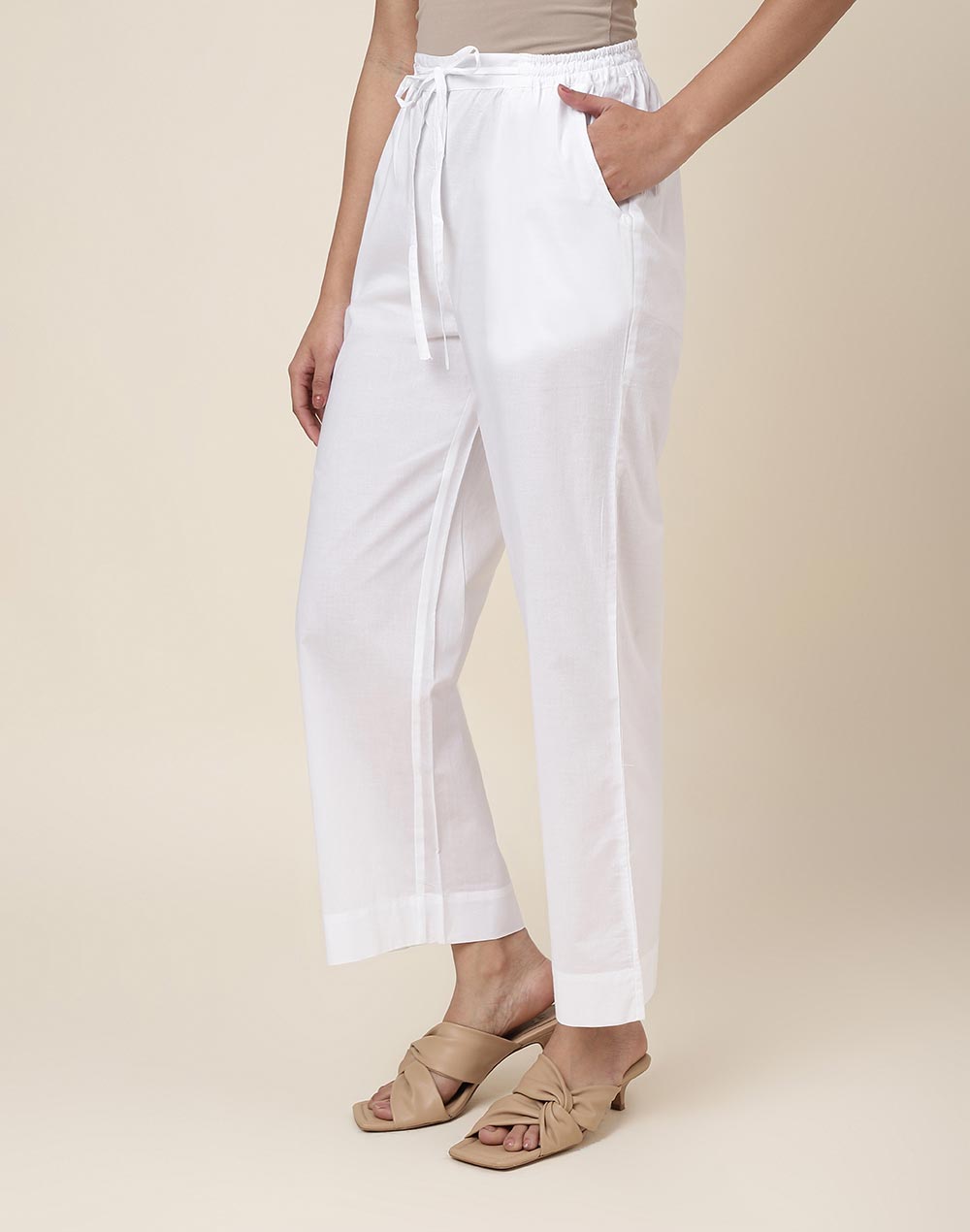 White Cotton Full Length Casual Pant