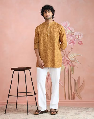 Mustard Block Print Short Kurta styled for festive occasions
