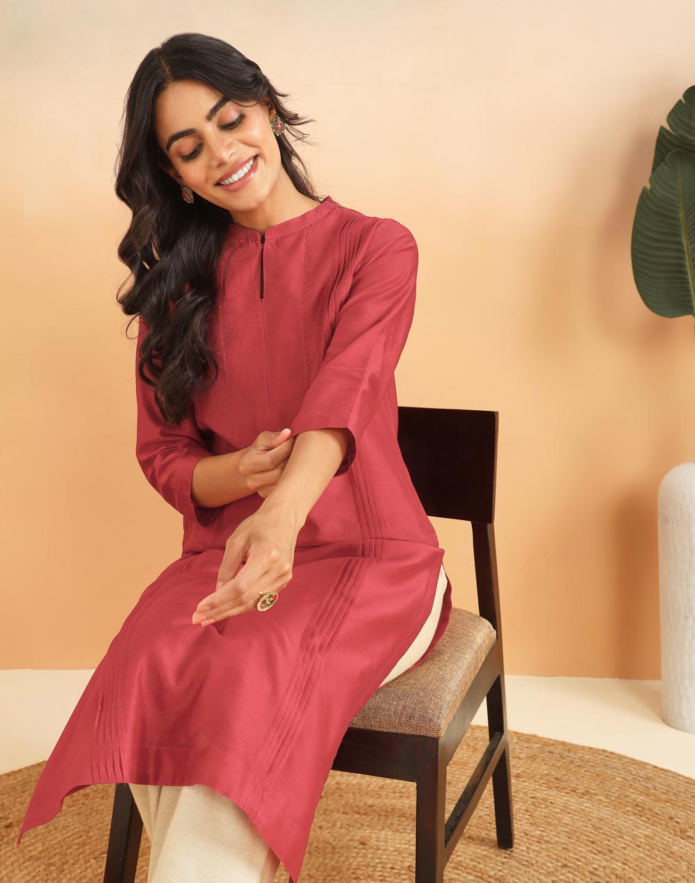 Red Cotton Silk Pintuck Slim Fit Long Kurta
