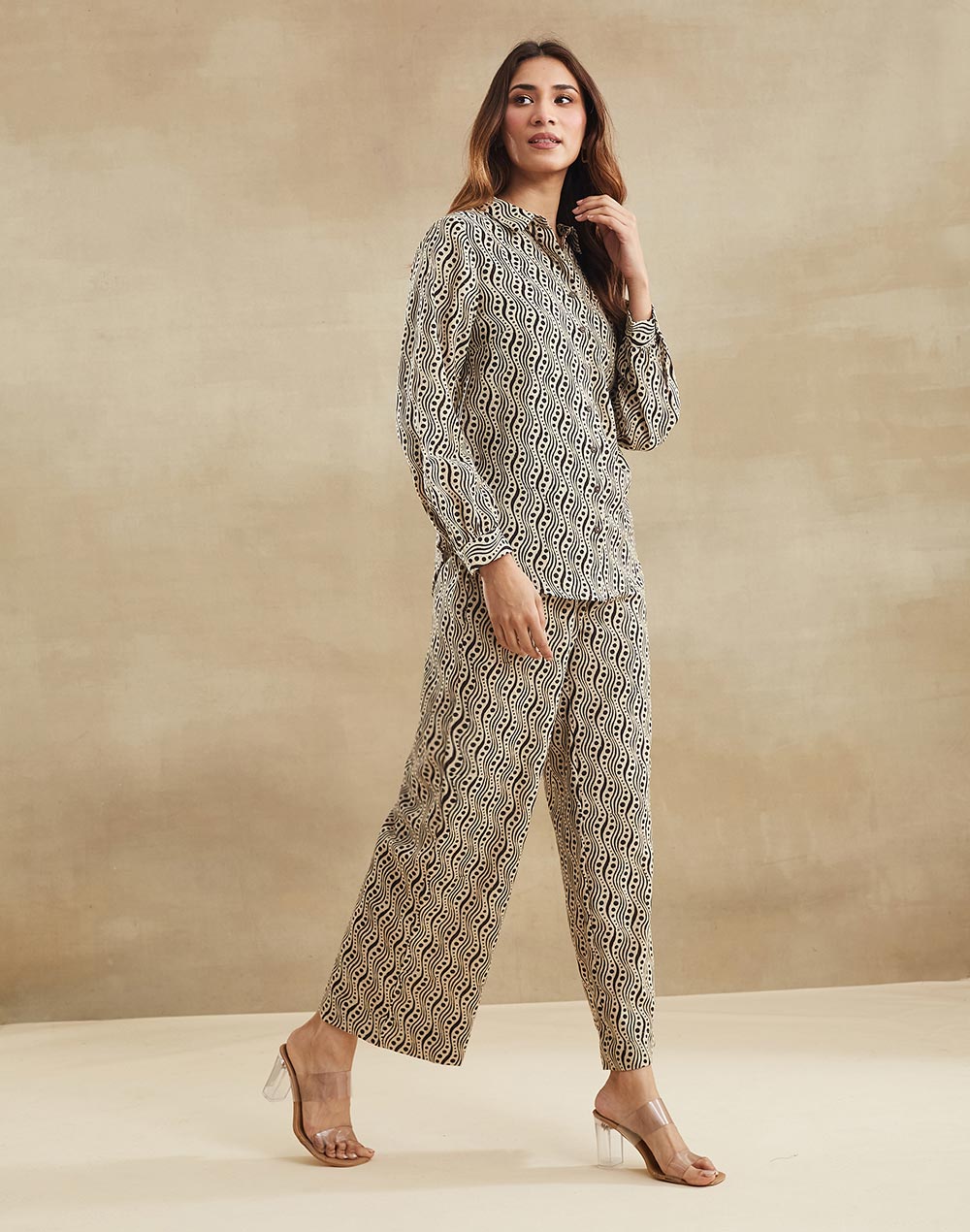 Beige Cotton Bagru Printed Shirt & Pant Set