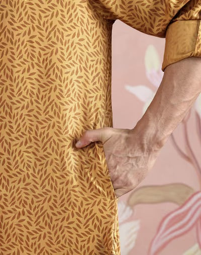 Mustard Viscose Silk Block Print Short Kurta for Men from Fabindia UK