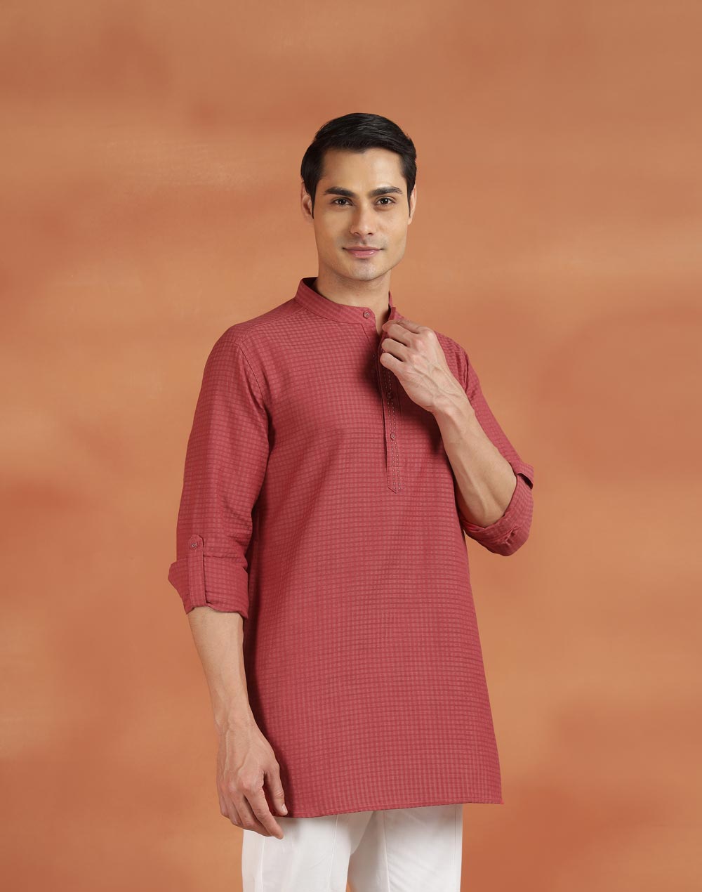 Red Cotton Check Slim Fit Short Kurta