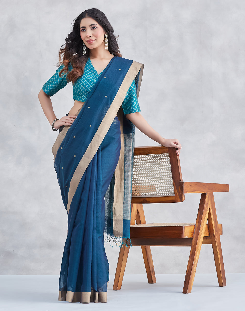 Teal Cotton Silk Blend Chanderi Sari