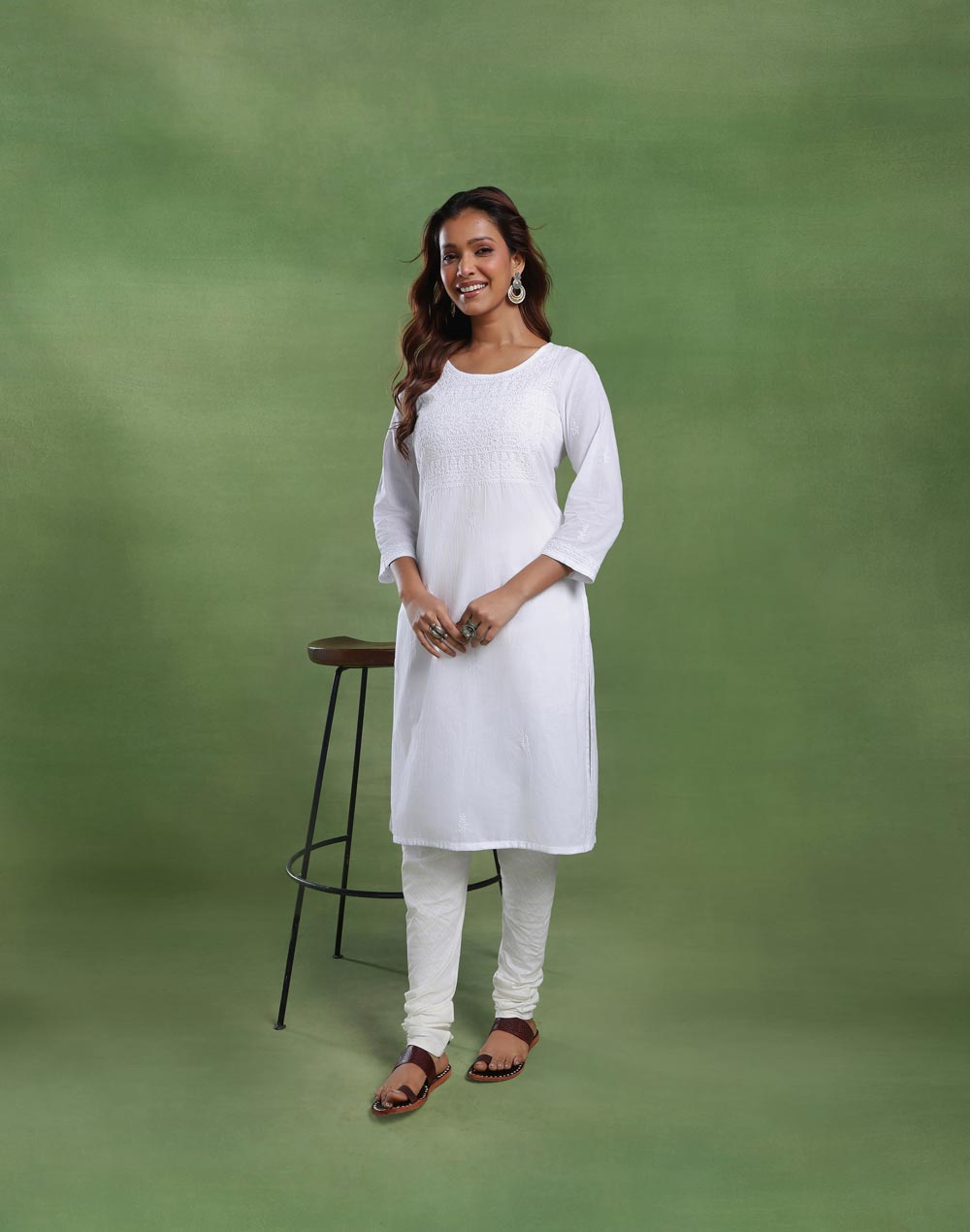 White Cotton Chikankari Knee Length Kurta