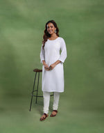 White Cotton Chikankari Knee Length Kurta