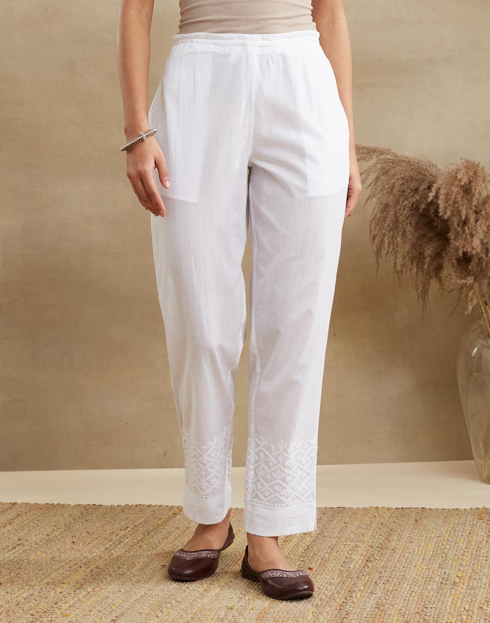 White Cotton Chikankari Ethnic Pant