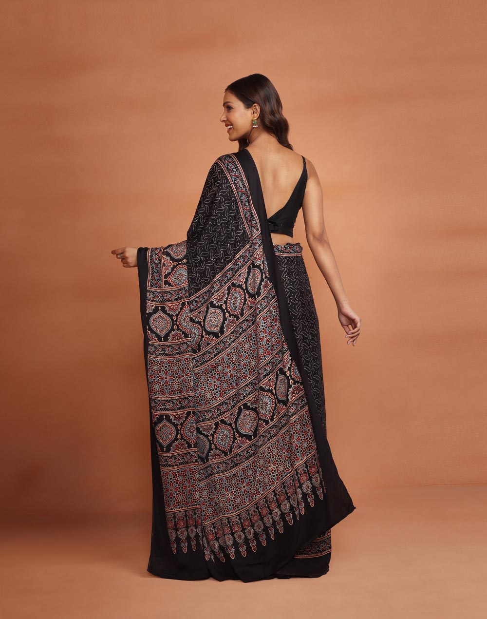 Black Viscose Blend Ajrakh Printed Sari