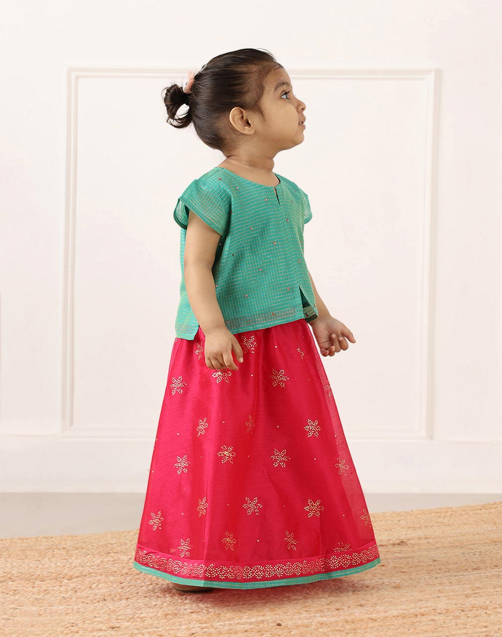 Pink Cotton Silk Blend Hand Block Printed 2pc Lehenga Set