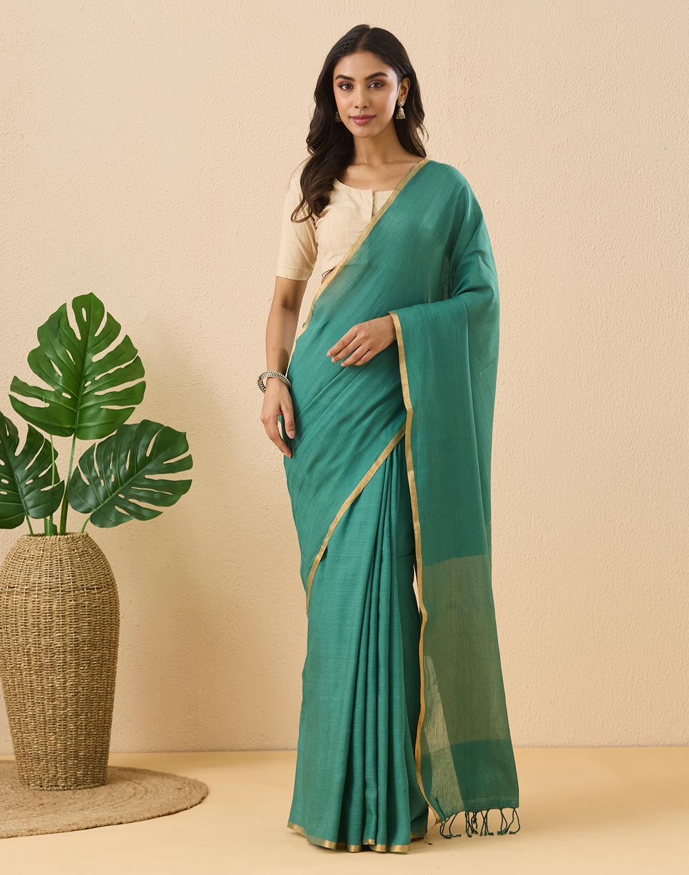 Teal Linen Blend Hand Woven Sari