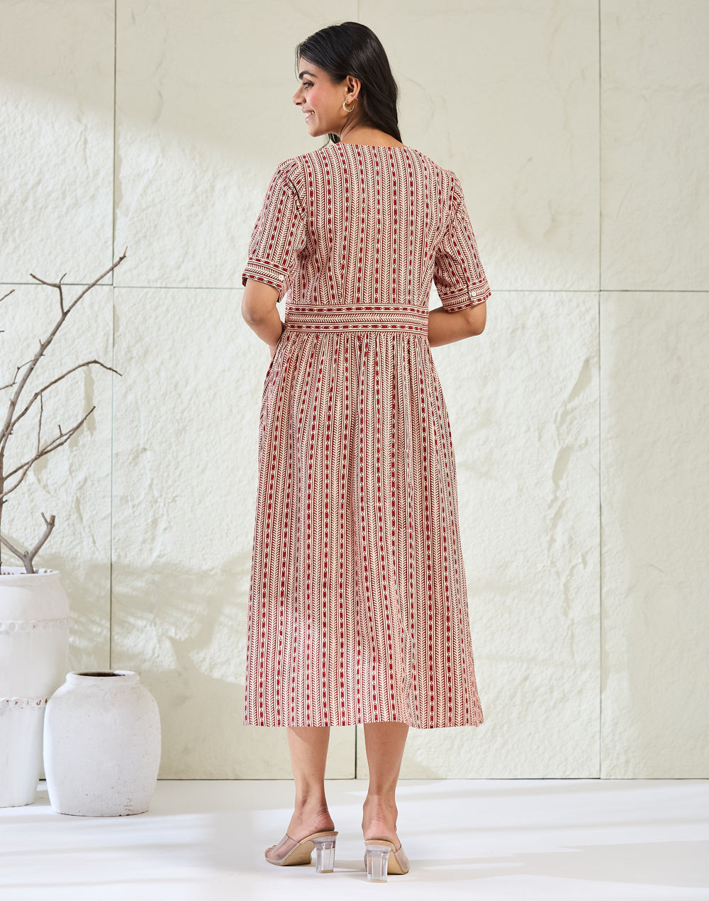 Red Cotton Bagh Printed Midi Dress