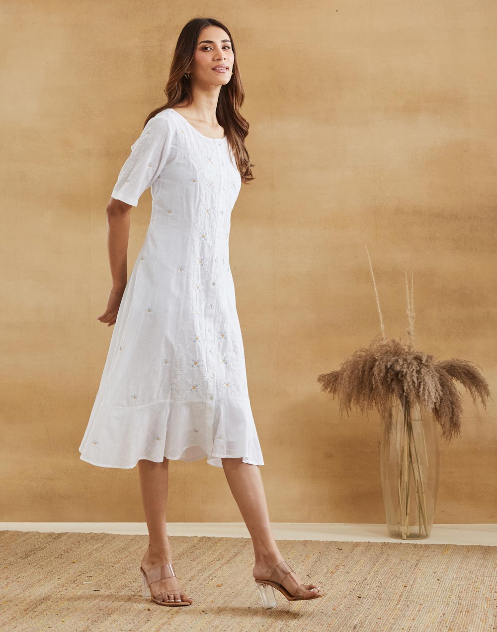 White Cotton Chikankari Peony Ruffle Midi Dress & Lining