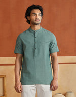 Teal Cotton Striped Slim Fit Mid Placket Shirt