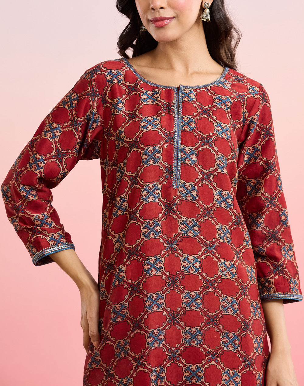 Maroon Cotton Silk Ajrakh Printed Long Kurta