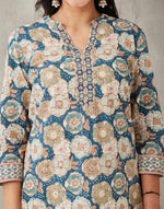 Teal Cotton Hand Block Printed Slim Fit Short Kurta