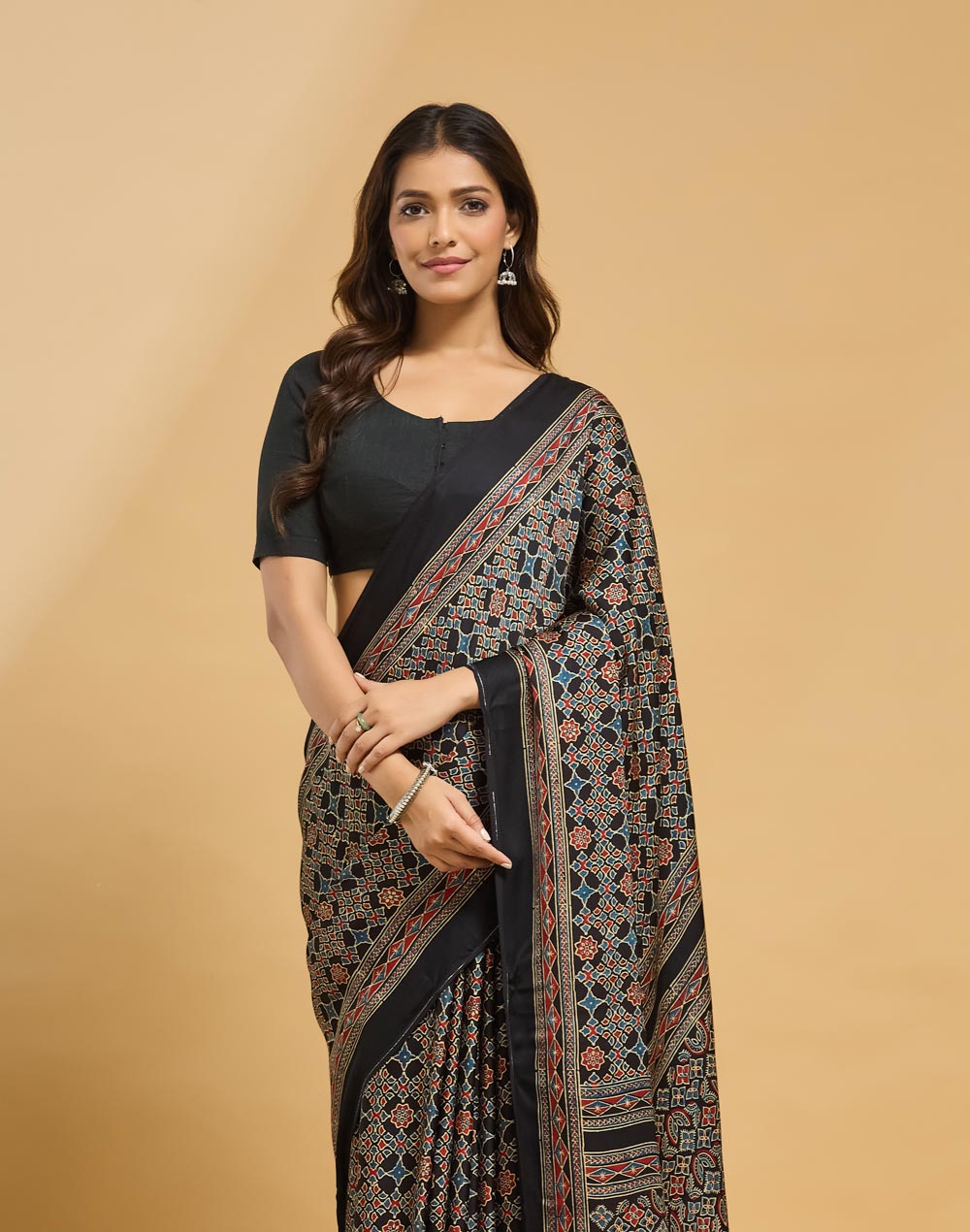 Black Viscose Blend Ajrakh Printed Sari