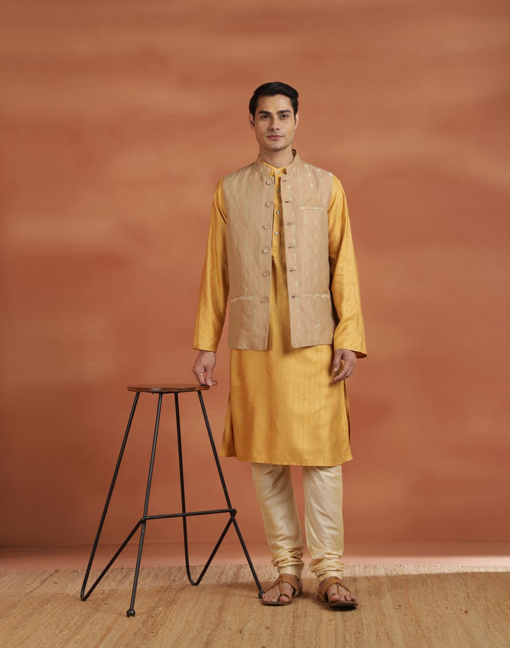 Beige Viscose Silk Nehru Jacket
