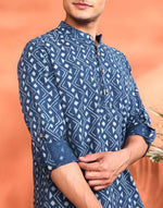 Indigo Cotton Dabu Printed Slim Fit Short Kurta