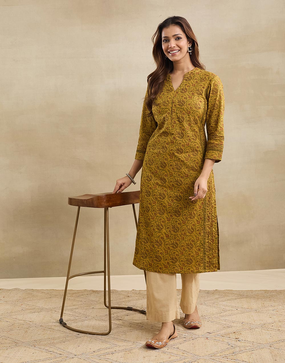 Green Cotton Hand Block Printed Slim Fit Long Kurta