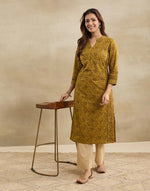 Green Cotton Hand Block Printed Slim Fit Long Kurta