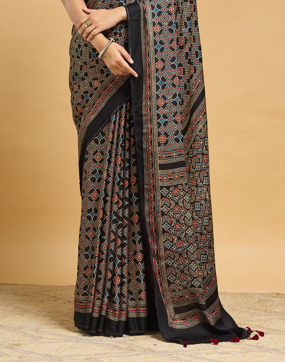 Black Viscose Blend Ajrakh Printed Sari