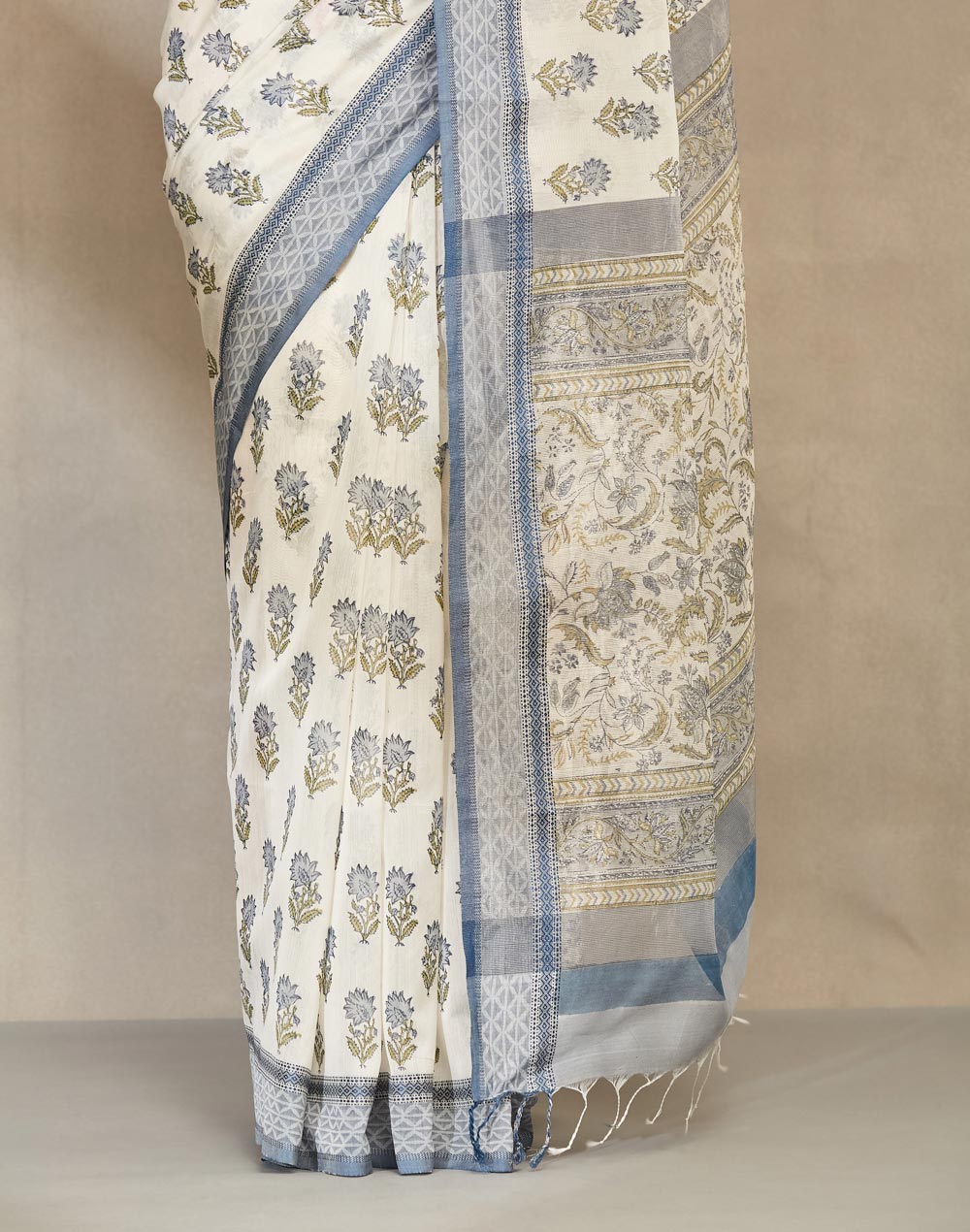 Blue Cotton Silk Blend Hand Block Print Sari