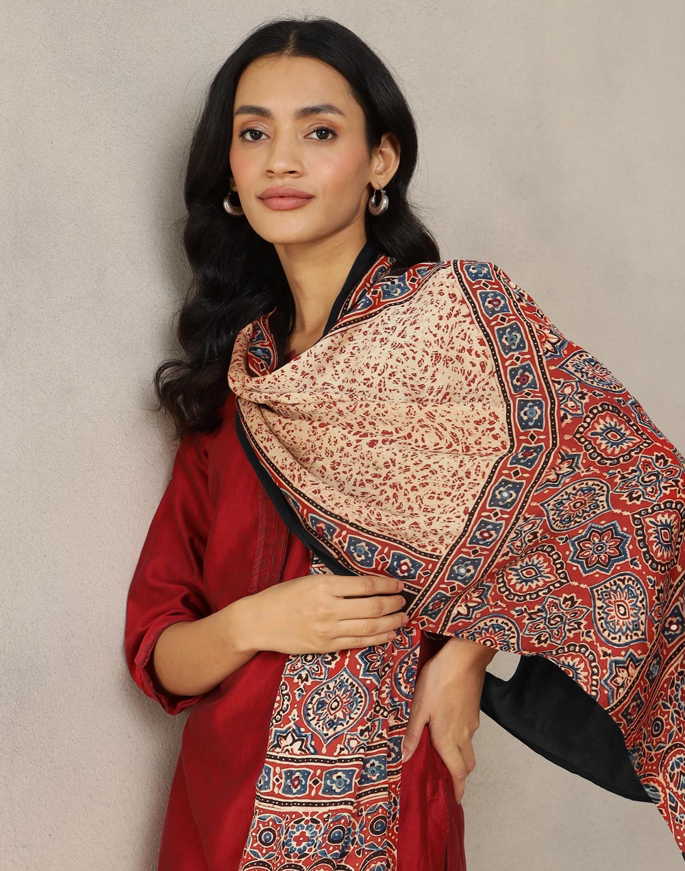 Red Viscose Blend Ajrakh Printed Stole