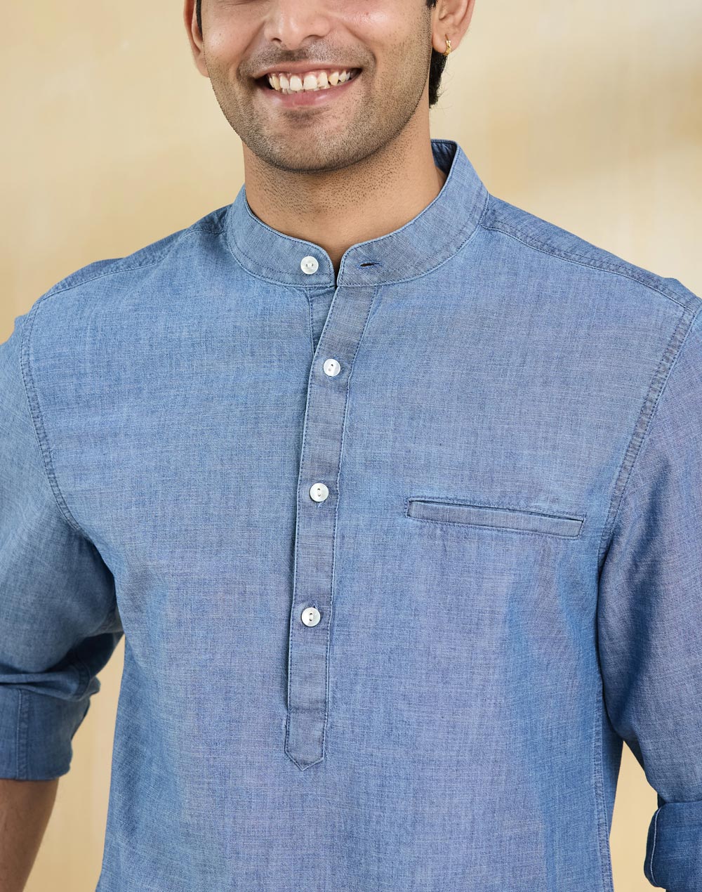 Blue Cotton Slim Fit Mid Placket Shirt