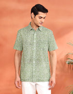 Green Cotton Hand Block Printed Bush Shirt
