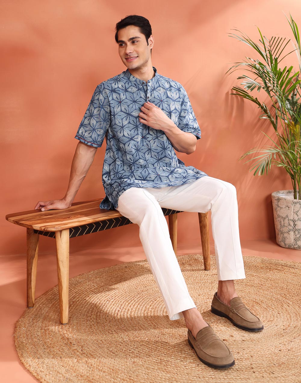 Indigo Cotton Dabu Printed Kurta Short