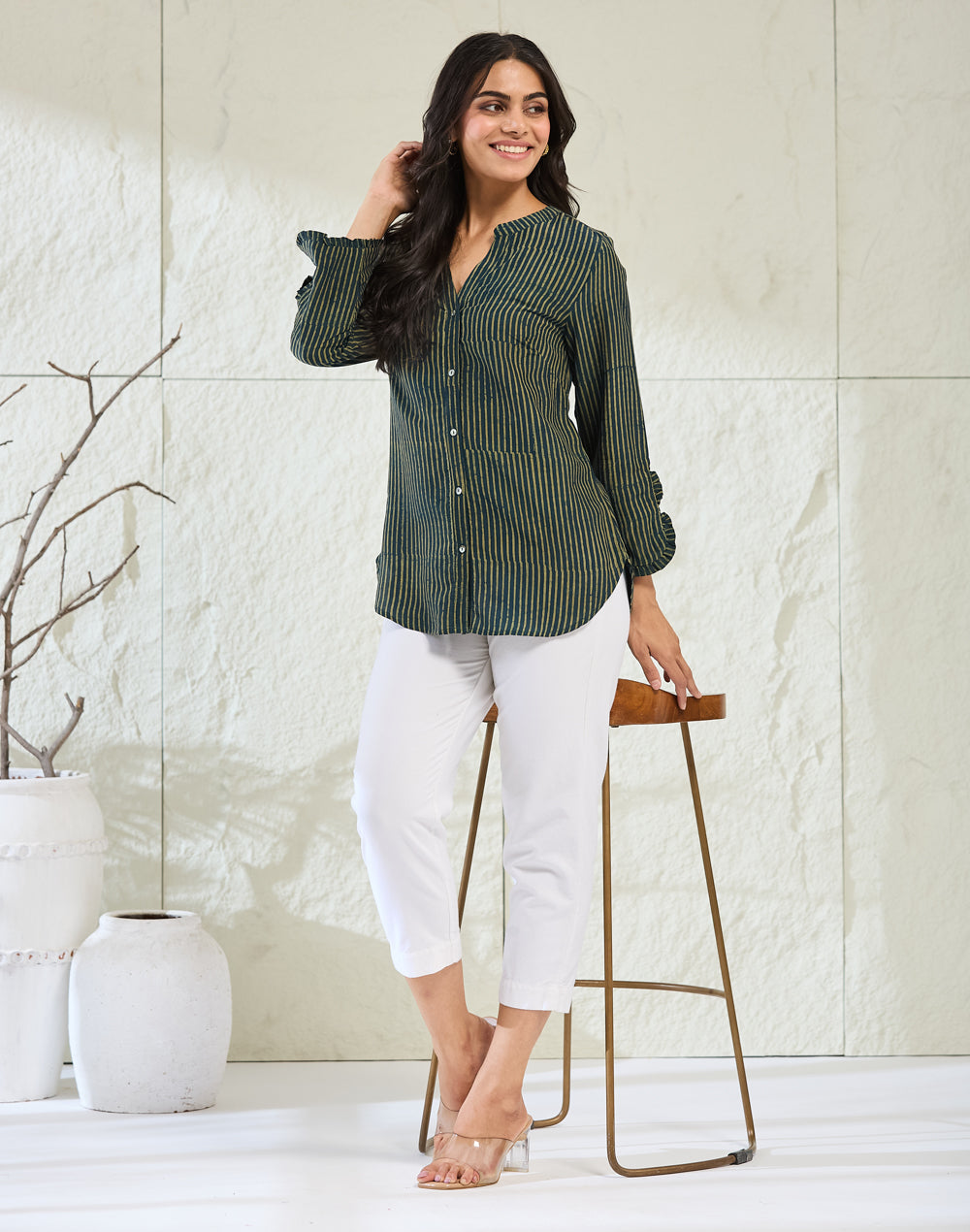 Green Rayon Blend Dabu Striped Shirt