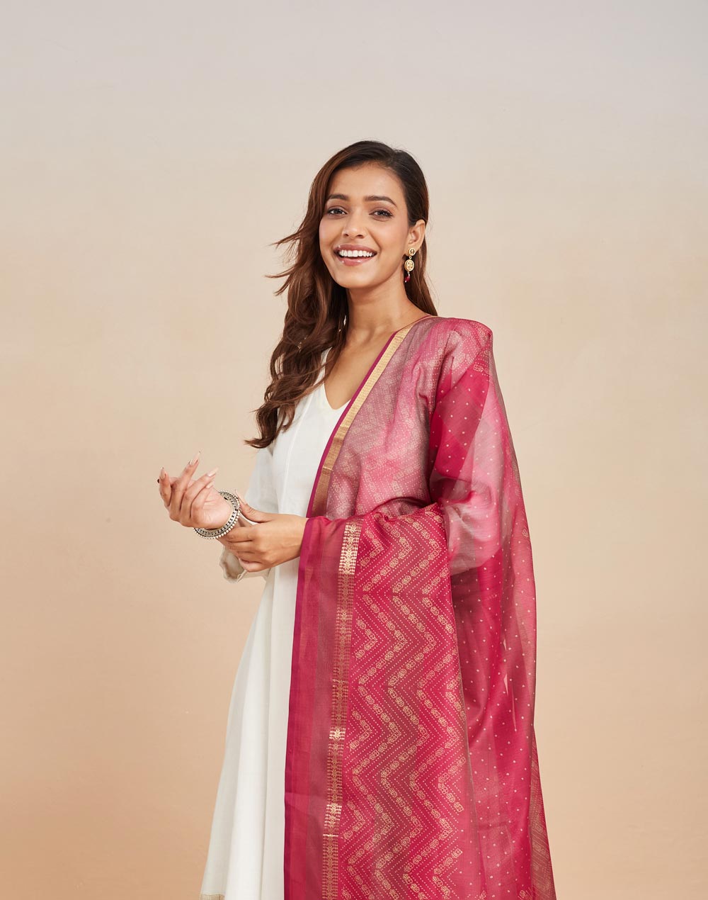 Pink Cotton Silk Blend Hand Block Printed Dupatta