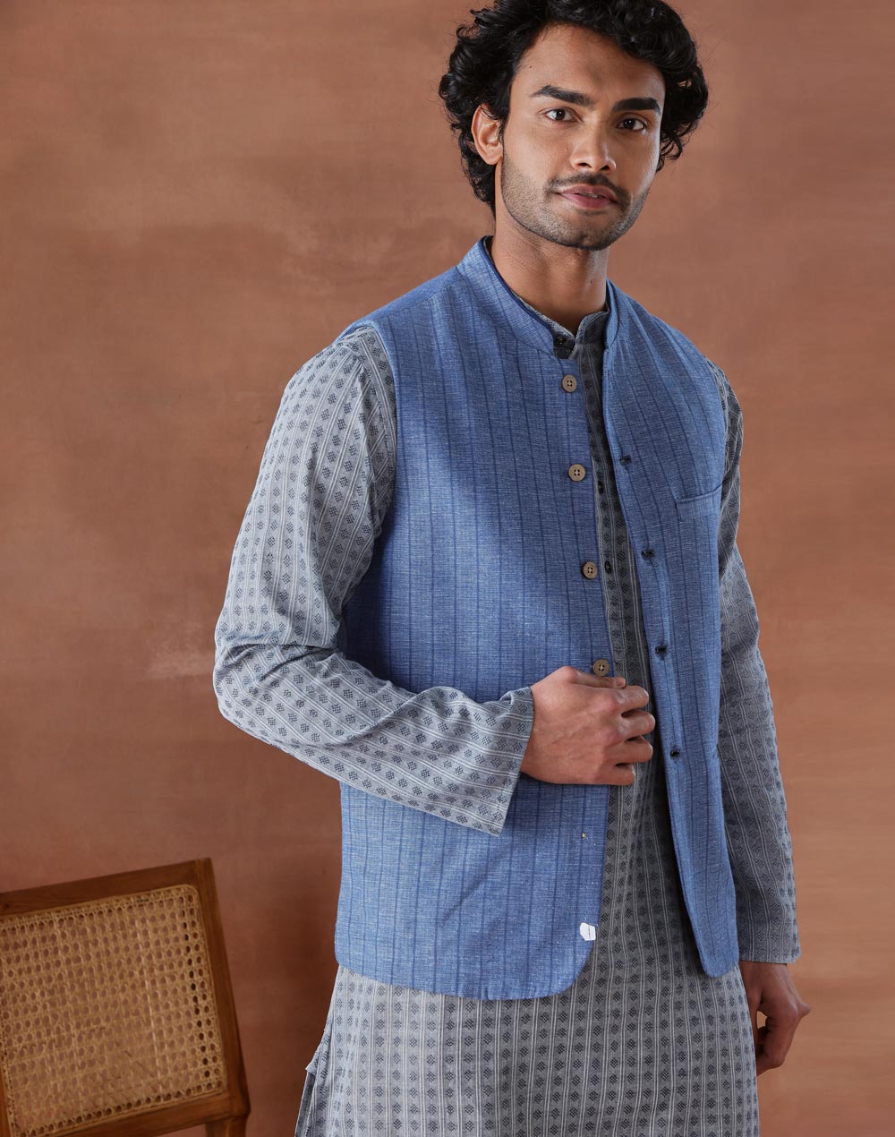 Blue Cotton Dobby Slim Fit Gathit Neel Nehru Jacket