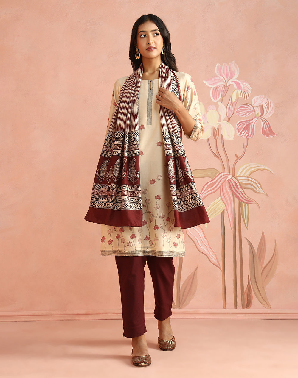Natural-Red Silk Bagh Printed Stole