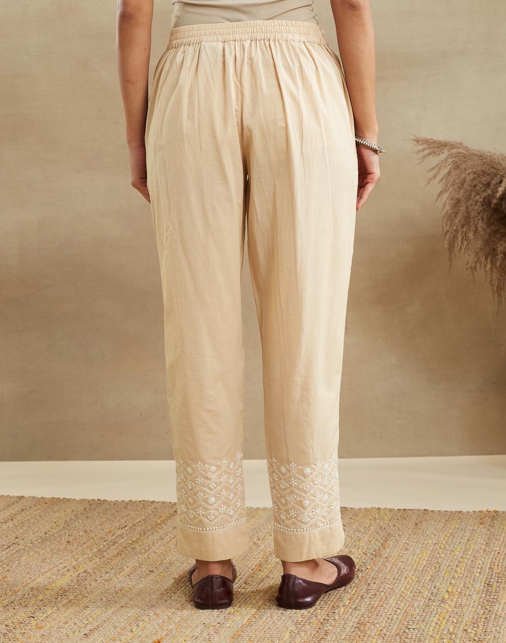 Beige Cotton Chikankari Ethnic Pant