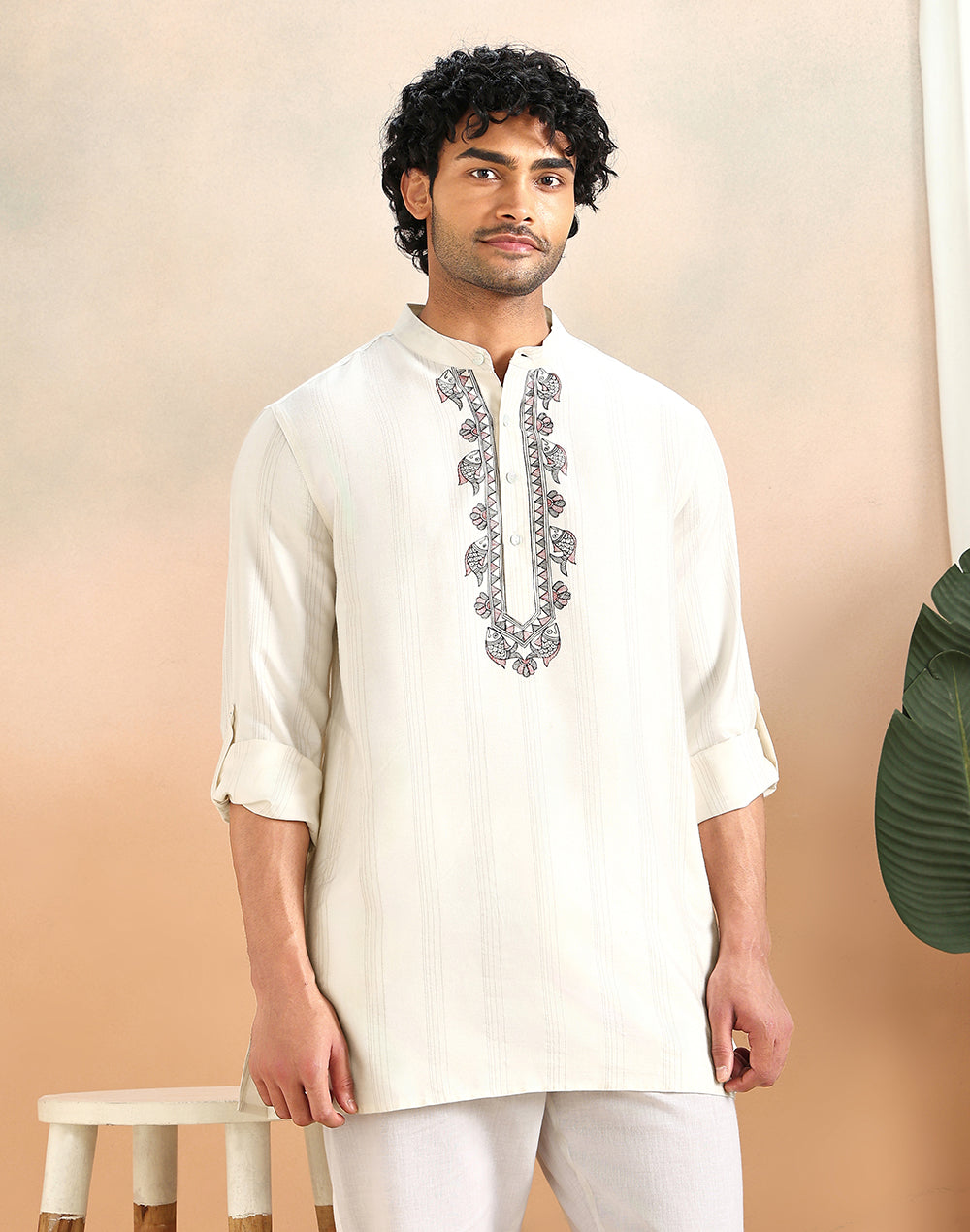 White Viscose Madhubani Stripe Short Kurta for Men from Fabindia UK