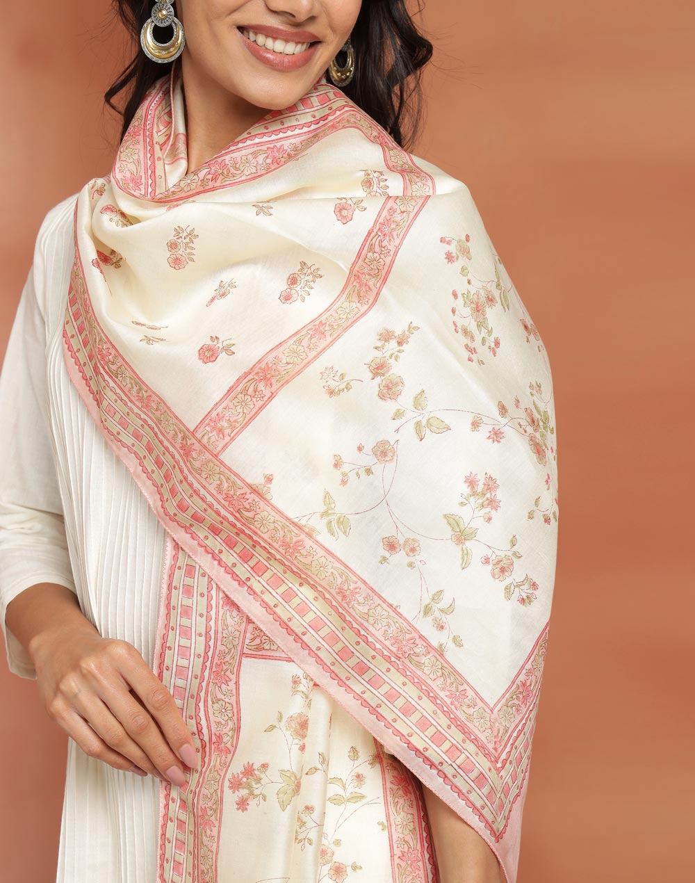 Pink Cotton Silk Hand Block Printed Stole