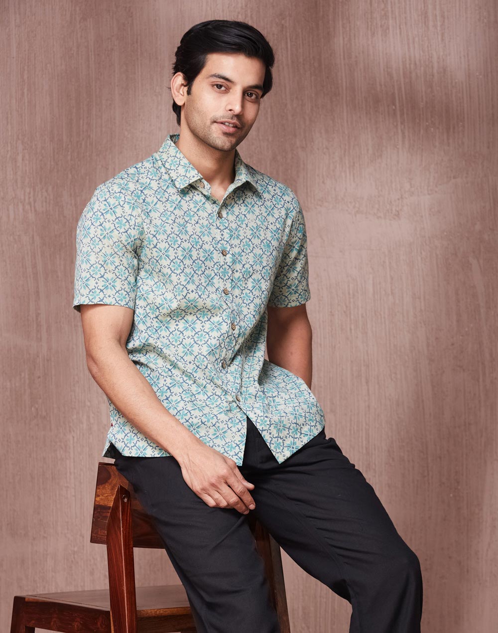 Teal Cotton Hand Block Printed Bush Shirt