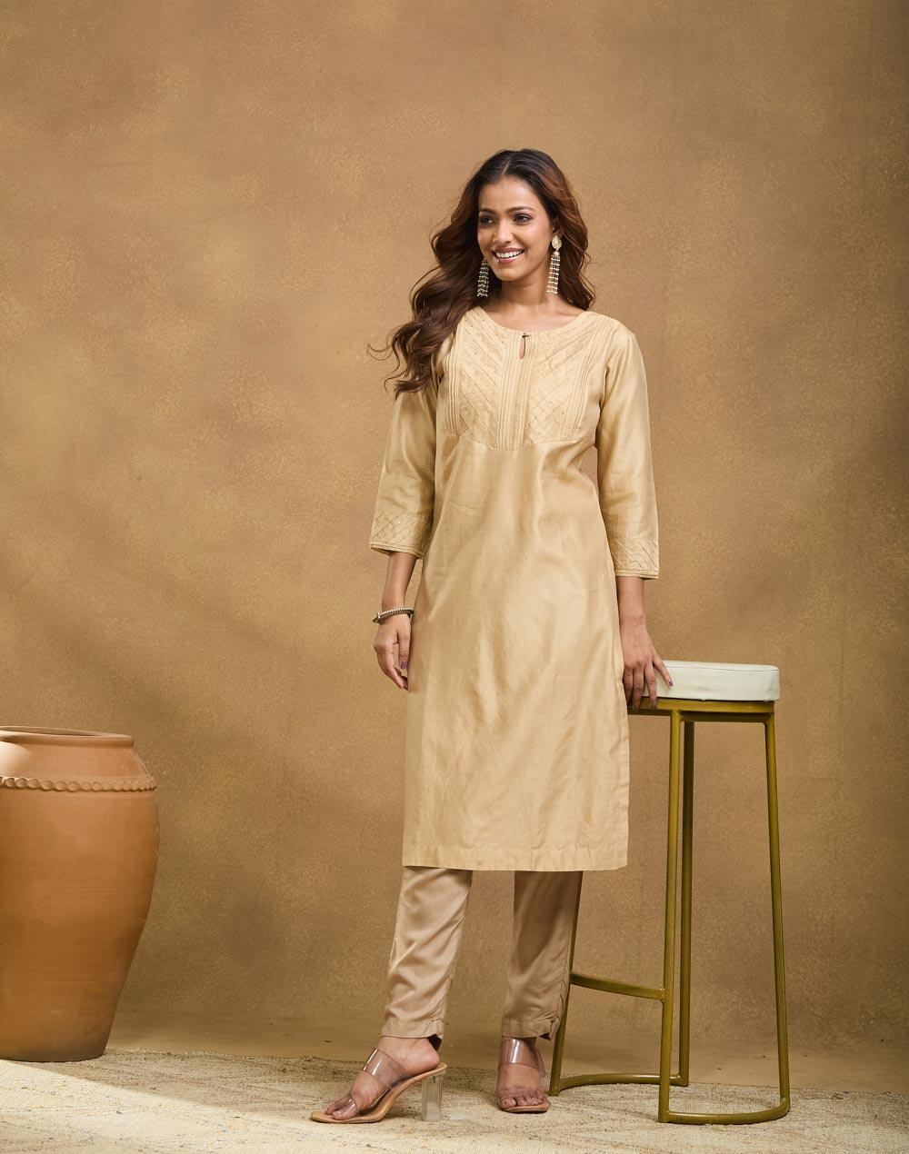 Beige Cotton Silk Embroidered Long Kurta