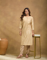 Beige Cotton Silk Embroidered Long Kurta