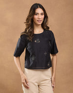 Black Cotton Silk Embroidered Short Top