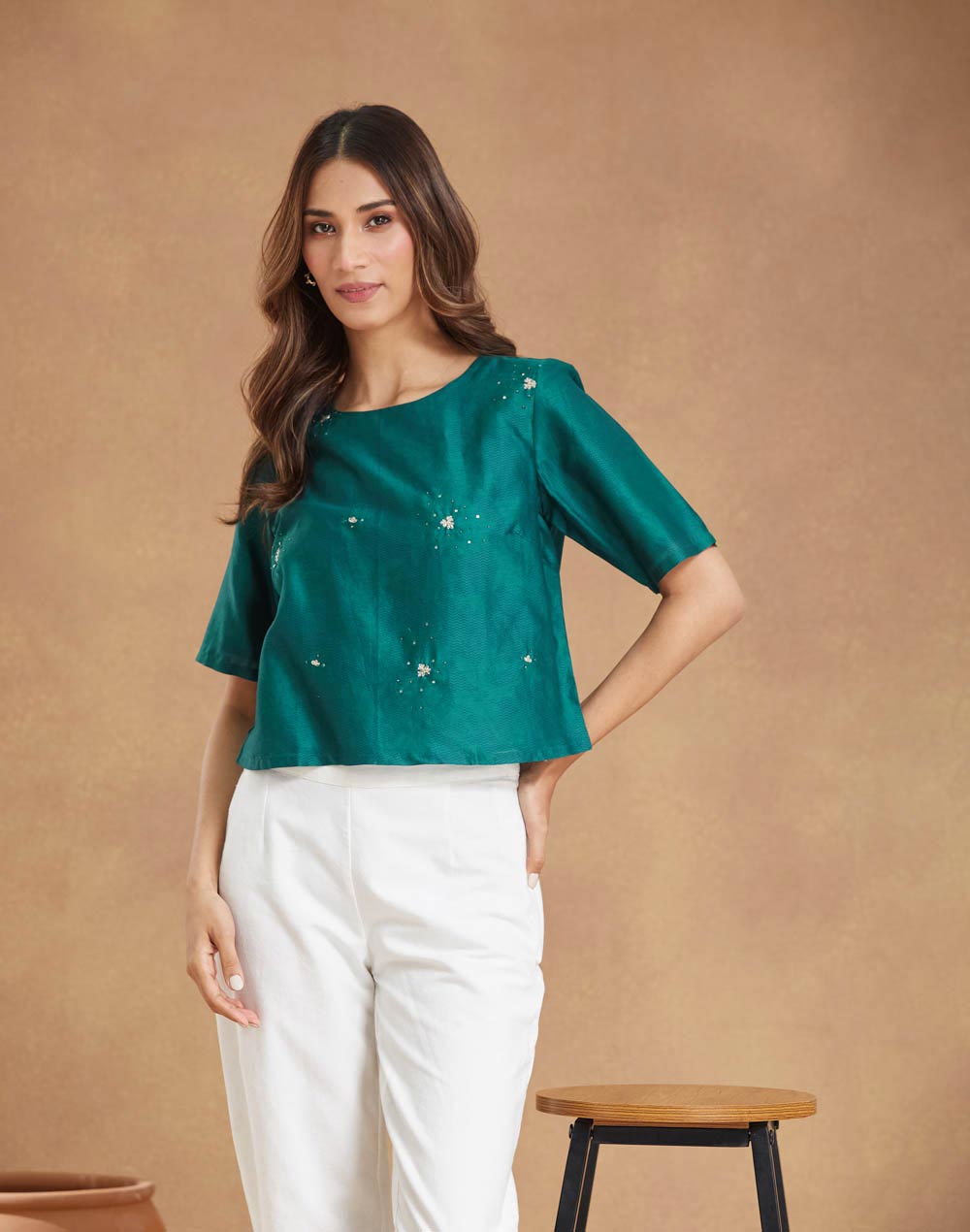 Green Cotton Silk Embroidered Short Top