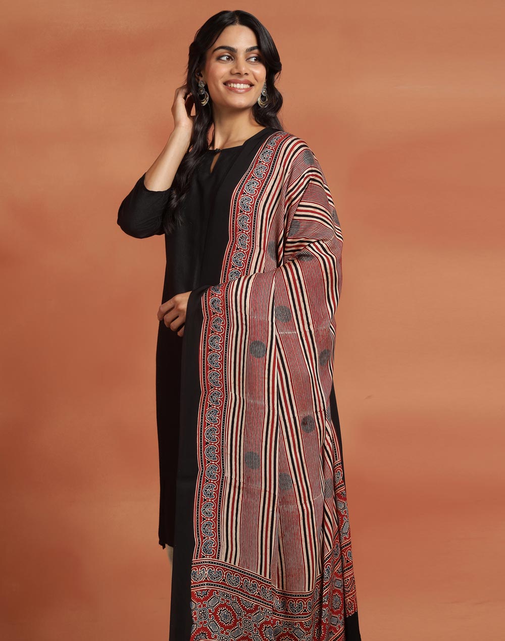 Red Viscose Blend Ajrakh Printed Dupatta