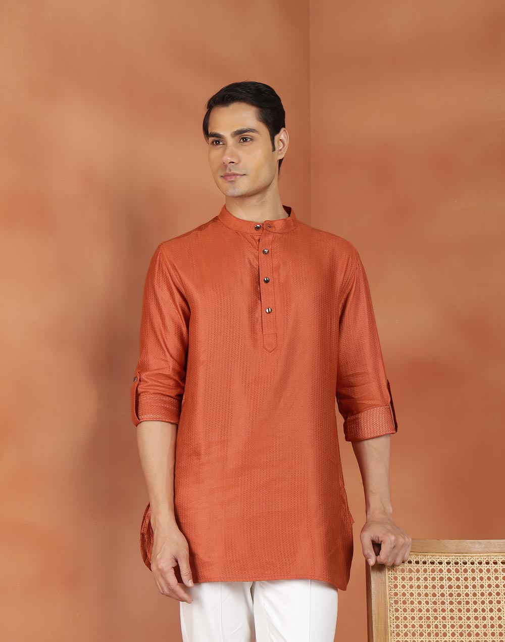Orange Viscose Silk Dobby Slim Fit Short Kurta