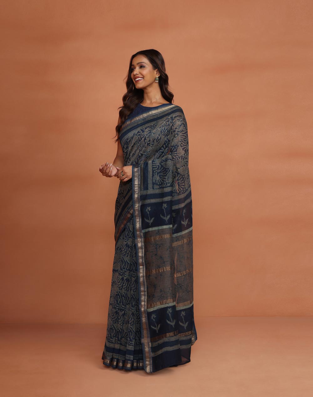 Indigo Cotton Silk Blend Dabu Printed Sari