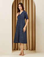 Indigo Ajrakh Print Indian Midi Dress with elbow sleeves